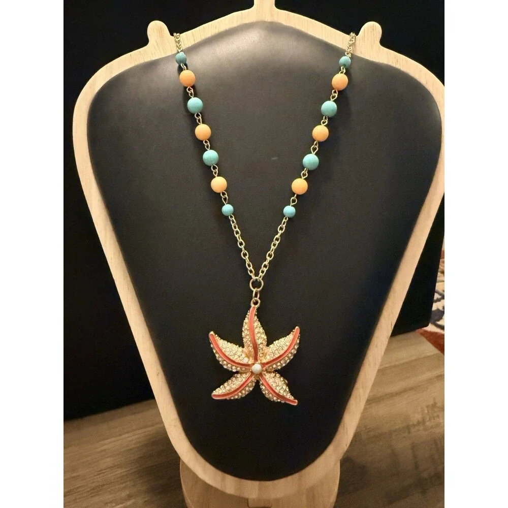 Starfish Enamel Pendant Rhinestone and Beaded Necklace Salmon 35”